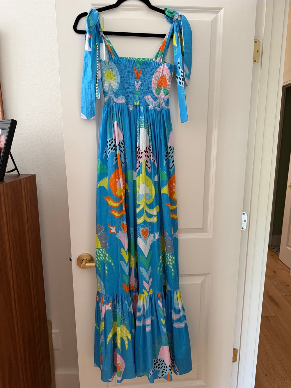 Sheridan French Kelly Blue Floral Tie-Shoulder Smocked Maxi Dress